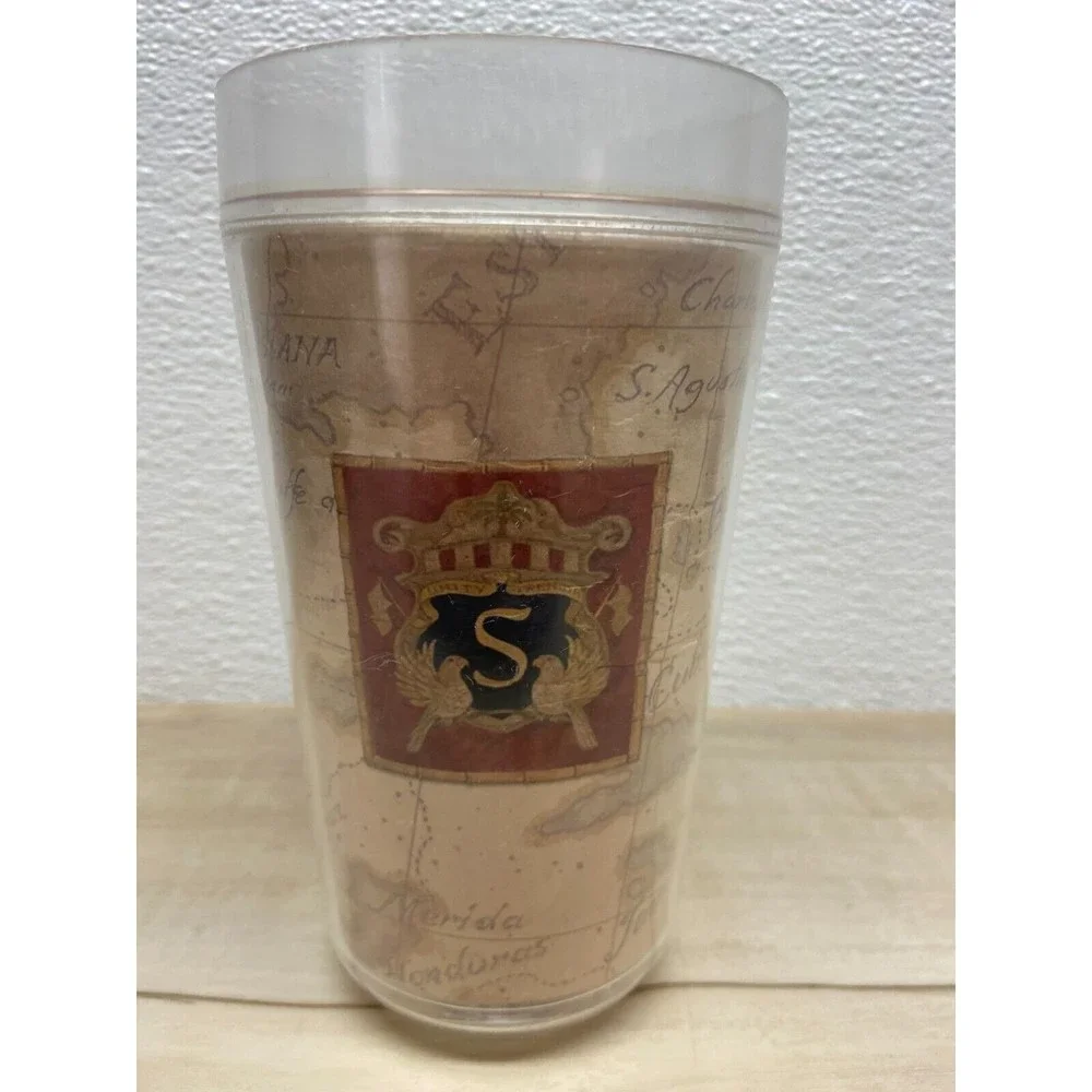 Vintage Thermo Serve Double Wall Plastic Islas De America Map Tumbler Large 20oz